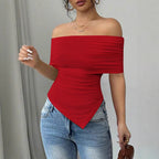 Damen Off-Shoulder Blusenshirt mit asymmetrischem Saum und Raffung EB