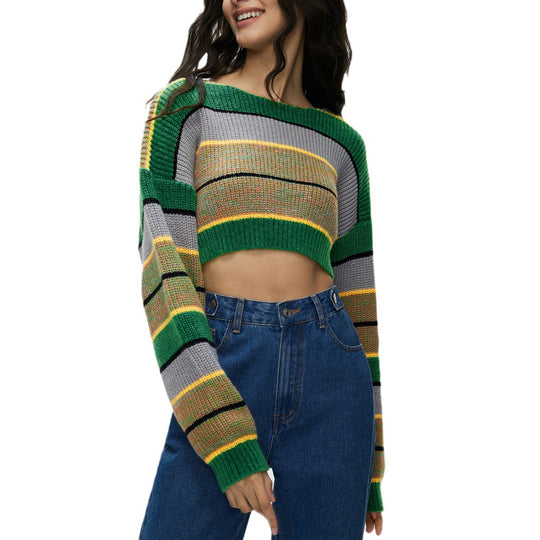 Damen Crop-Pullover mit lässigen Streifen und weichem Material R&B