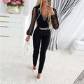 R&B | Jumpsuit Slim Passform V-Ausschnitt mit Diamantdetails Schnittärmel Kettengürtel