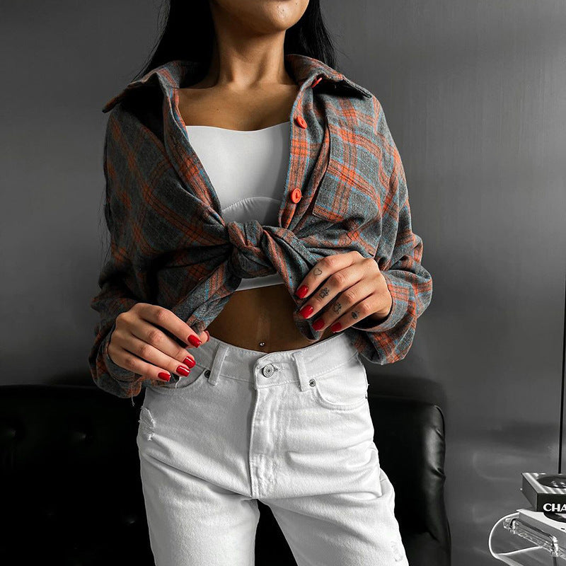Damen Karomuster Crop-Hemd mit Bindeband und lässigem Schnitt EB