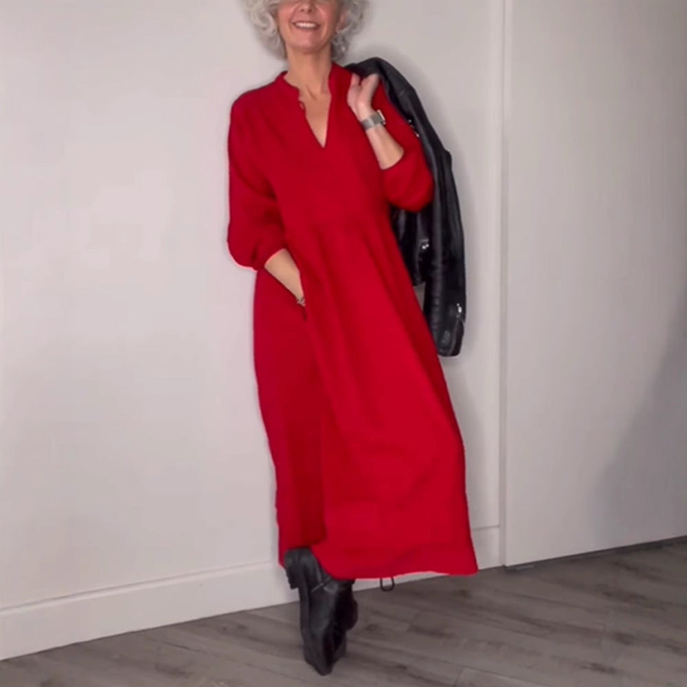 Damen Maxikleid mit elegantem V-Ausschnitt und bequemen langen Ärmeln R&B