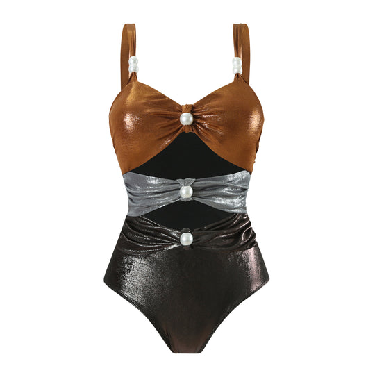Damen Einteiler Badeanzug mit stilvollen Drapierungen und Perlendetails R&B