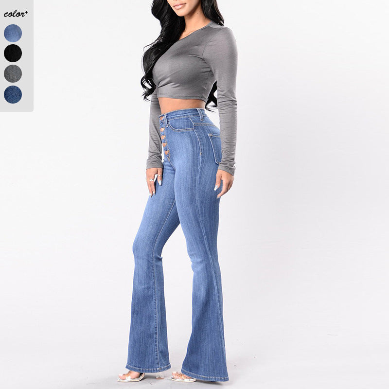 Damen Flared Jeans mit hohem Bund und dekorativer Knopfleiste R&B
