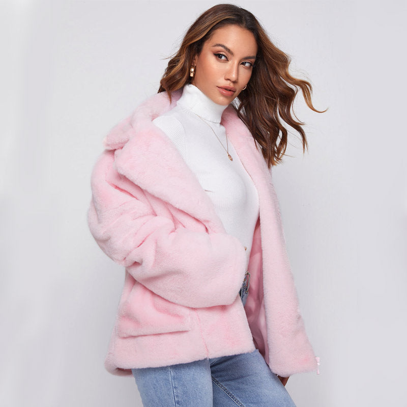 Damen Flauschige und stylische Freizeitjacke mit tiefem Reverskragen R&B