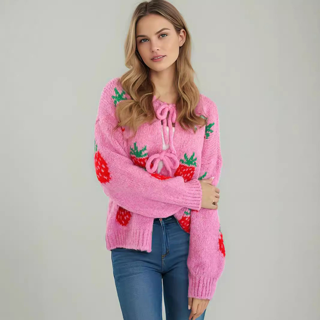 Damen kuscheliger Pullover mit fruchtigem Erdbeer-Motiv R&B