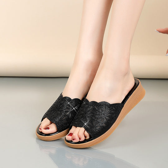 Damen Elegante Wedge-Sandaletten mit funkelndem Blütenmuster und komfortablem Fußbett R&B