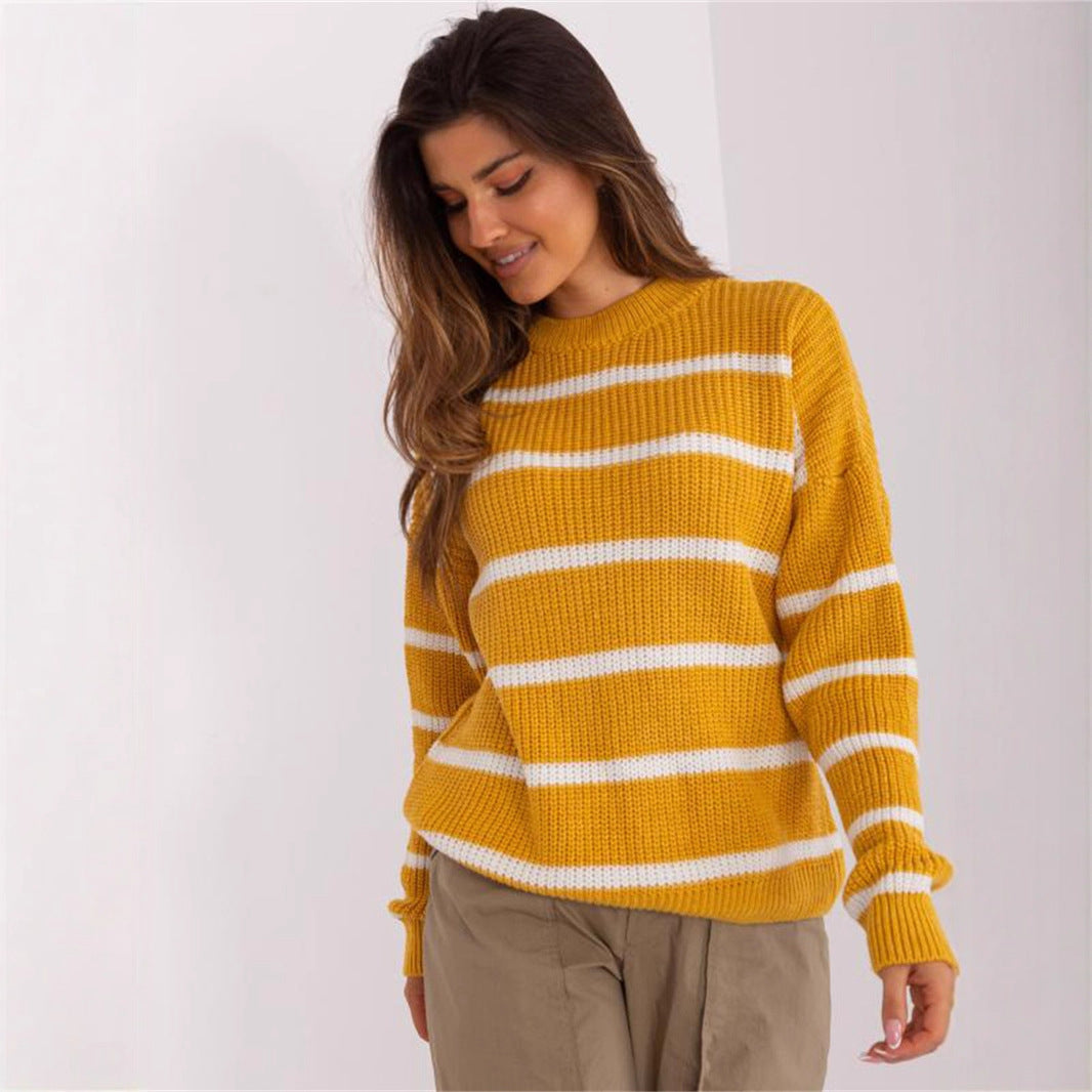 Damen lässiger Strickpullover mit modernem Streifenmuster und weitem Schnitt R&B