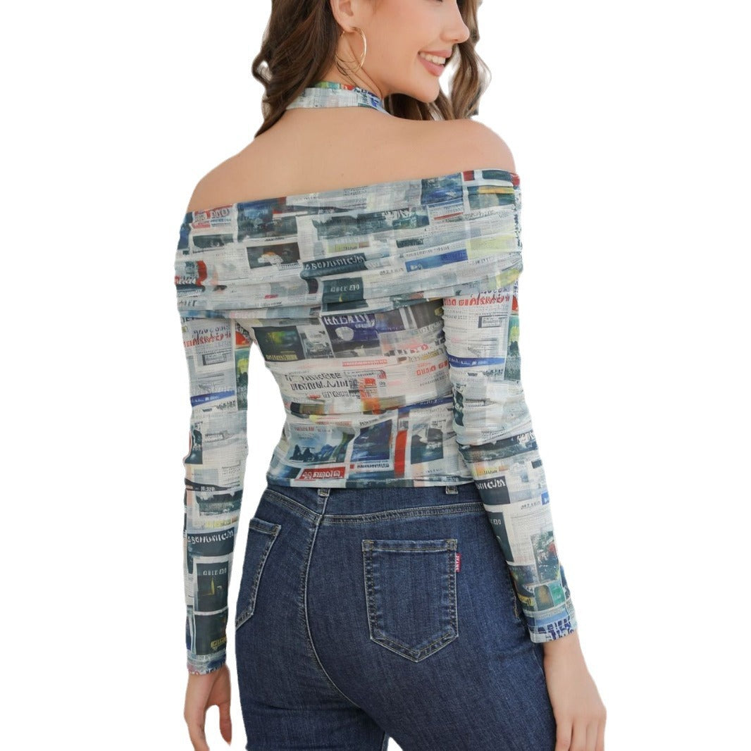 Damen Off-Shoulder Top mit kreativem Zeitungsdruck und enganliegender Passform R&B