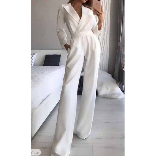 Damen eleganter Jumpsuit mit langem Bein und klassischem Schauspielkragen R&B