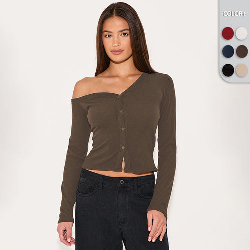 Damen Off-Shoulder Cropped Cardigan mit Knopfleiste R&B
