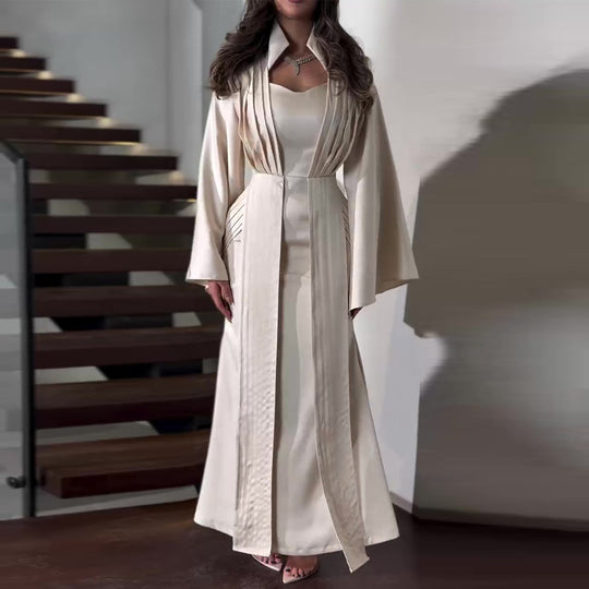 Damen elegantes Maxikleid mit schickem Taillenschnitt und luxuriösem Satinbesatz R&B