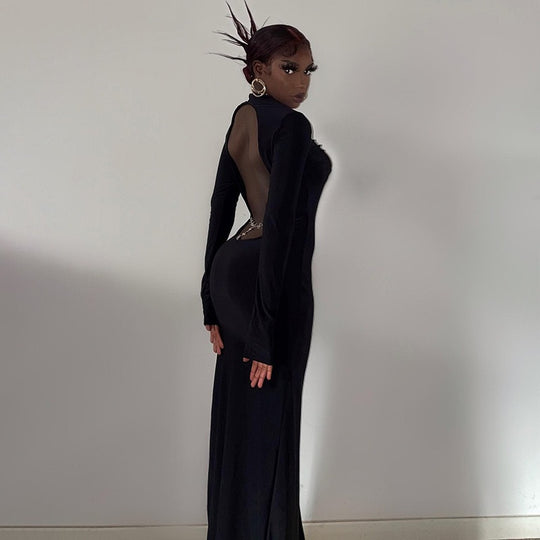 Damen Rückenfreies Maxikleid mit eleganter Rückenansicht und transparenten Ärmeln R&B