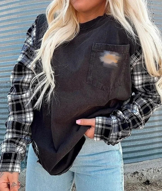Damen nan Oversize-Sweatshirt im Materialmix mit Karoärmeln und aufgesetzter Brusttasche R&B