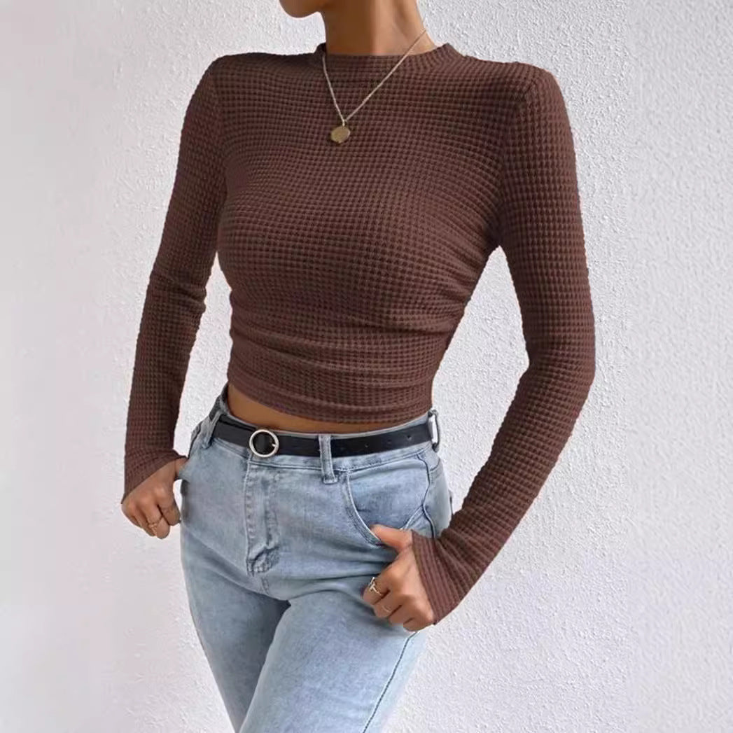 Damen modisches langärmliges Crop-Top mit Waffelstruktur R&B