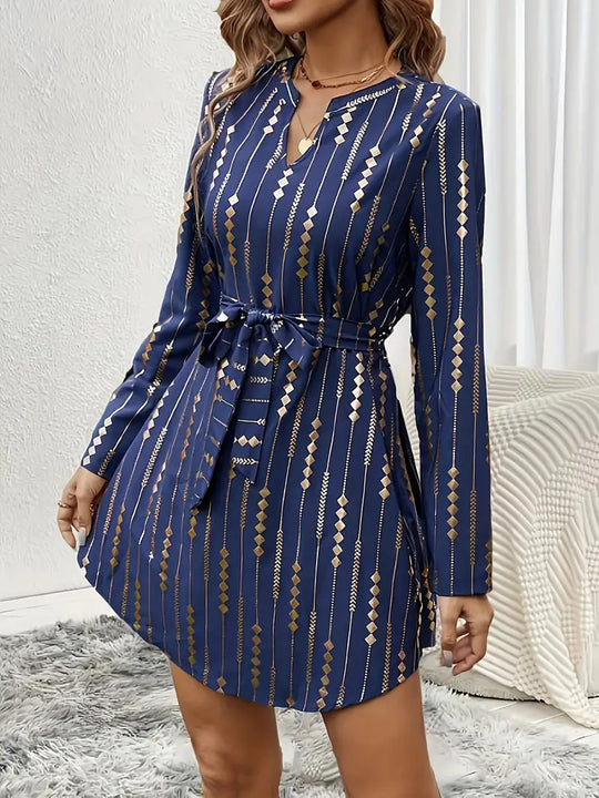 Damen Stylisches Minikleid mit V-Ausschnitt und Bindegürtel R&B