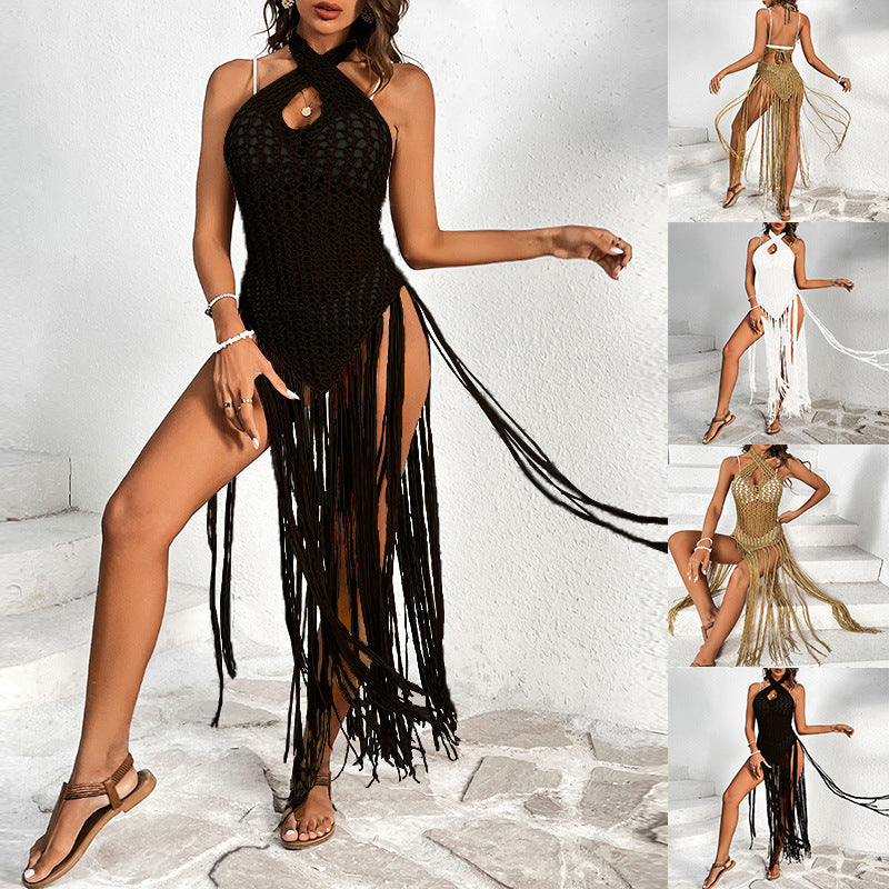 Damen Häkel-Strandkleid mit fransigen Akzenten und einzigartigem Rückenausschnitt R&B