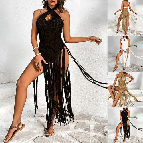 Damen Häkel-Strandkleid mit fransigen Akzenten und einzigartigem Rückenausschnitt R&B