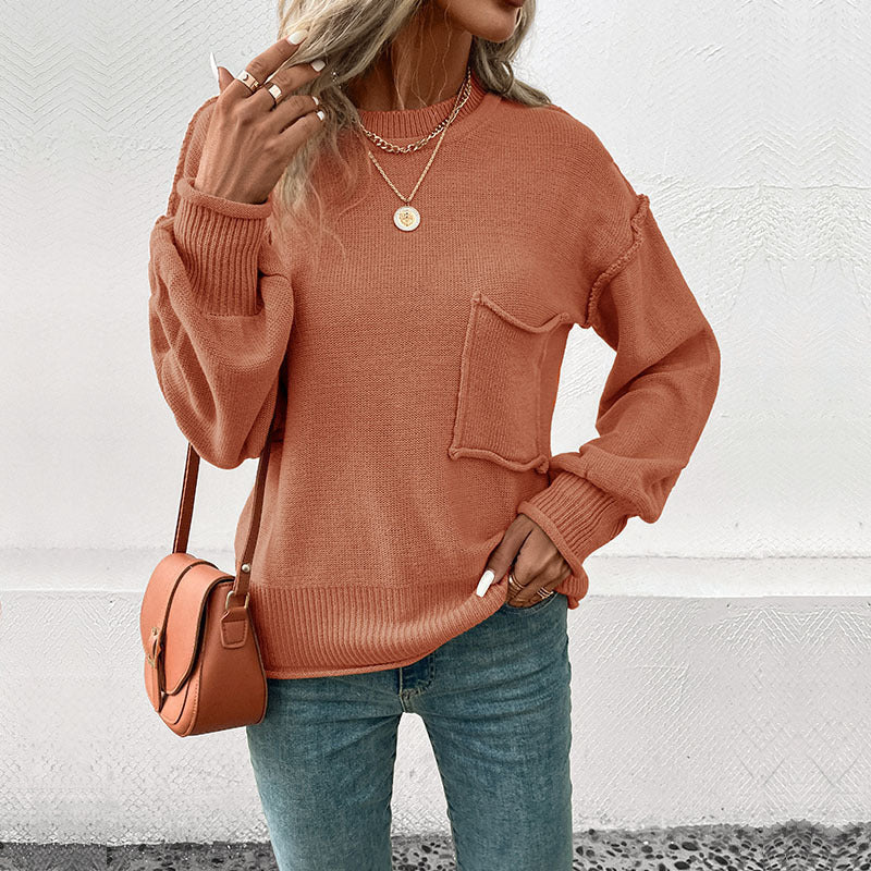 Damen lässiger Pullover mit voluminösen Ärmeln und praktischer Taschendetail R&B