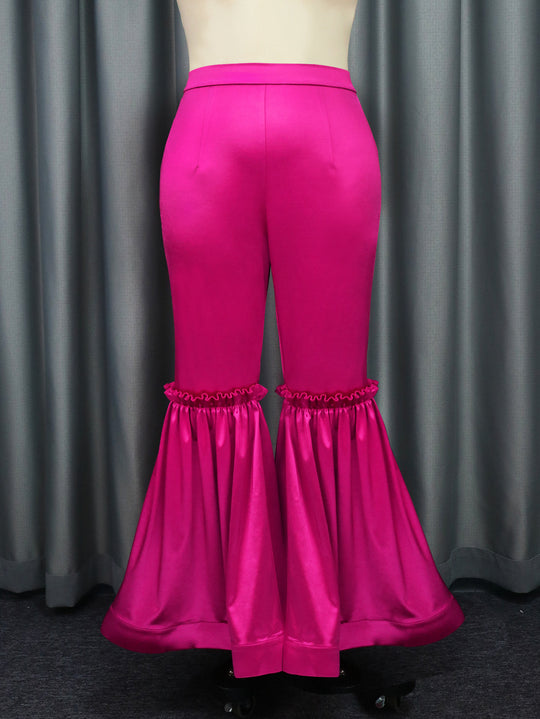 Damen elegante Hose mit voluminösen Rüschen und Satin-Details R&B