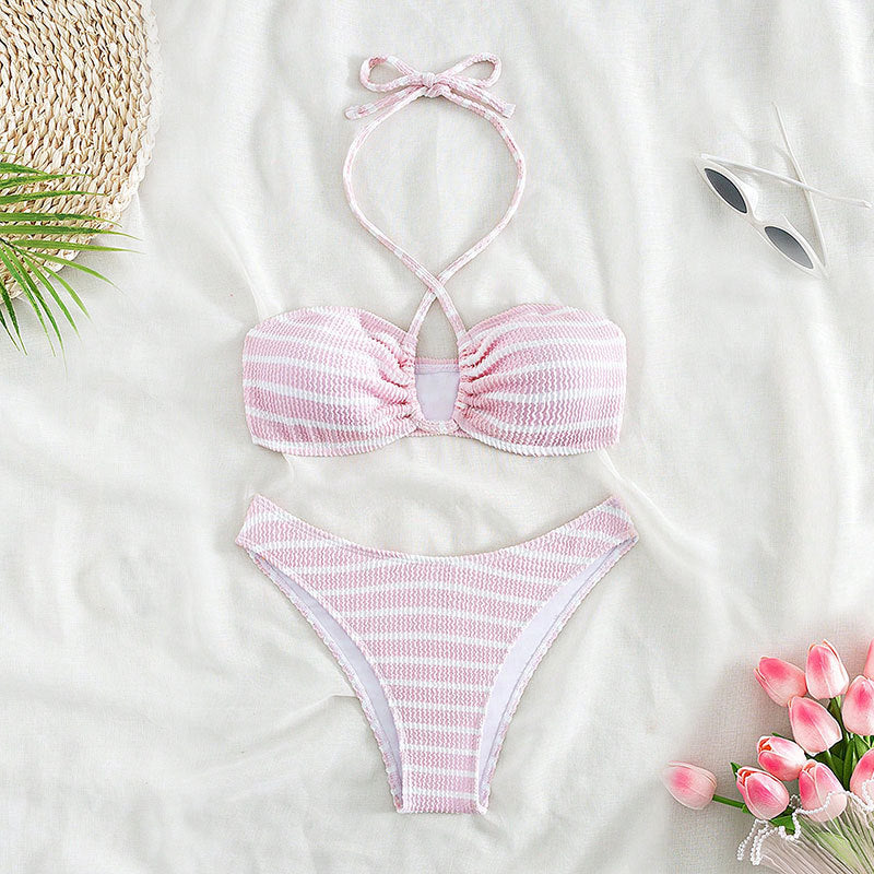 Damen Bandeau-Bikini mit zeitlosem Streifenmuster und eleganter Schnürung R&B