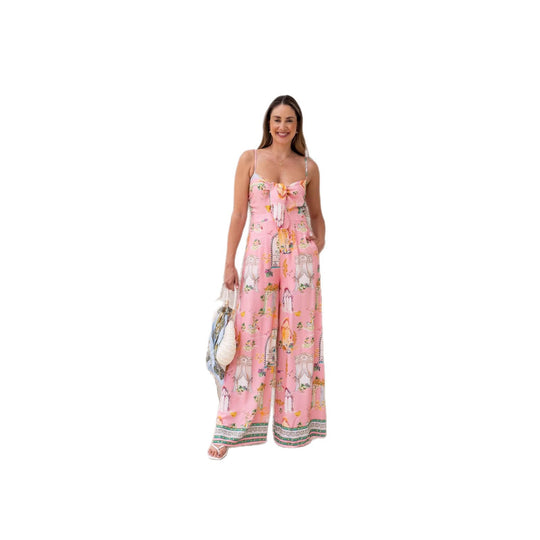 Damen langes Sommerkleid mit verspieltem Dekolleté und buntem Muster R&B