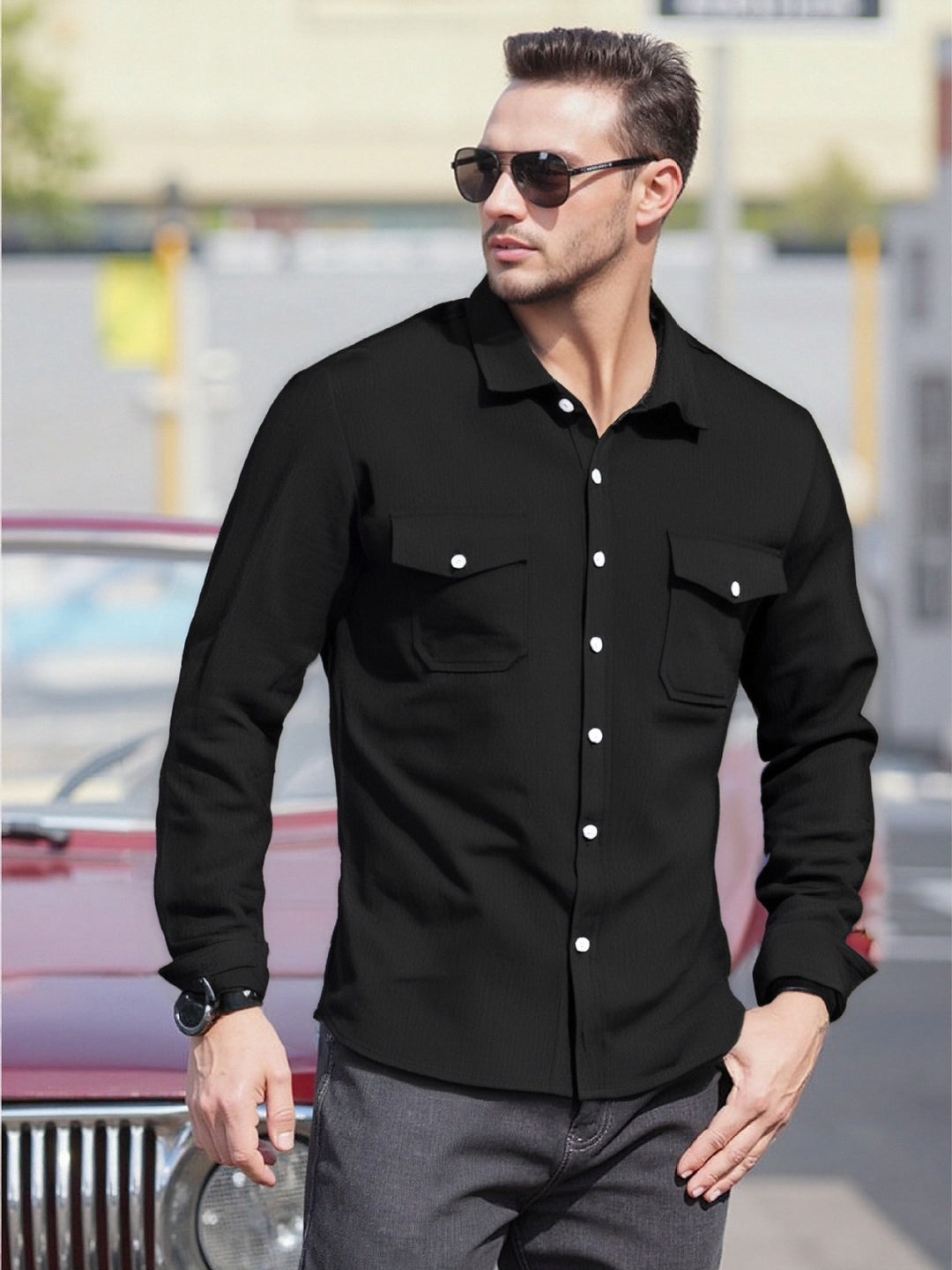 Herren Lässiges Langarmhemd mit praktischen Brusttaschen und modernem Schnitt R&B