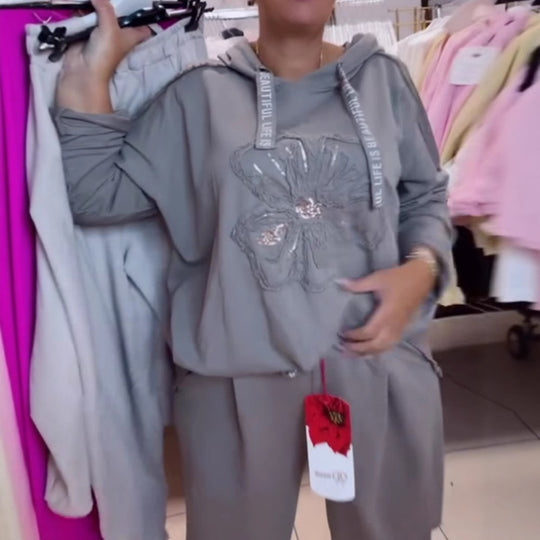Damen nan entspanntes Lounge-Set mit Blüten-Pailletten-Hoodie, Kordelzug und weiter Bundfaltenhose R&B
