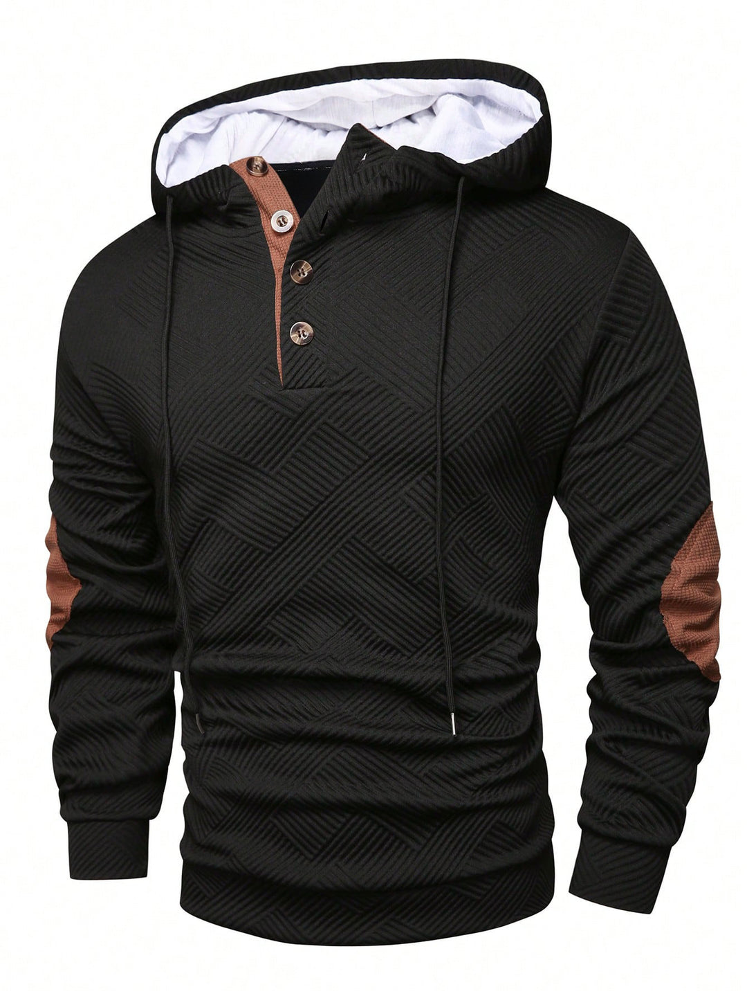 Herren nan strukturierter Kapuzenpullover im Henley-Stil mit Kontrastbesatz und Ellenbogenaufnähern R&B