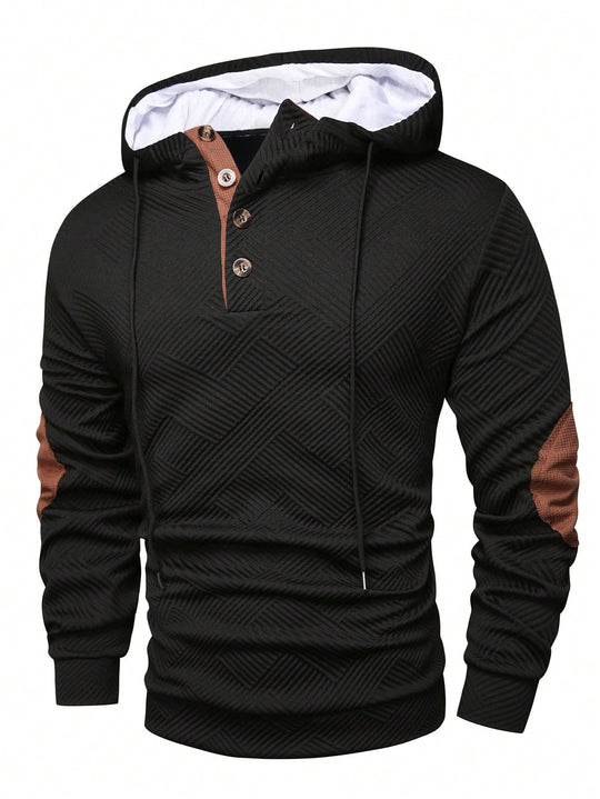 Herren nan strukturierter Kapuzenpullover im Henley-Stil mit Kontrastbesatz und Ellenbogenaufnähern R&B
