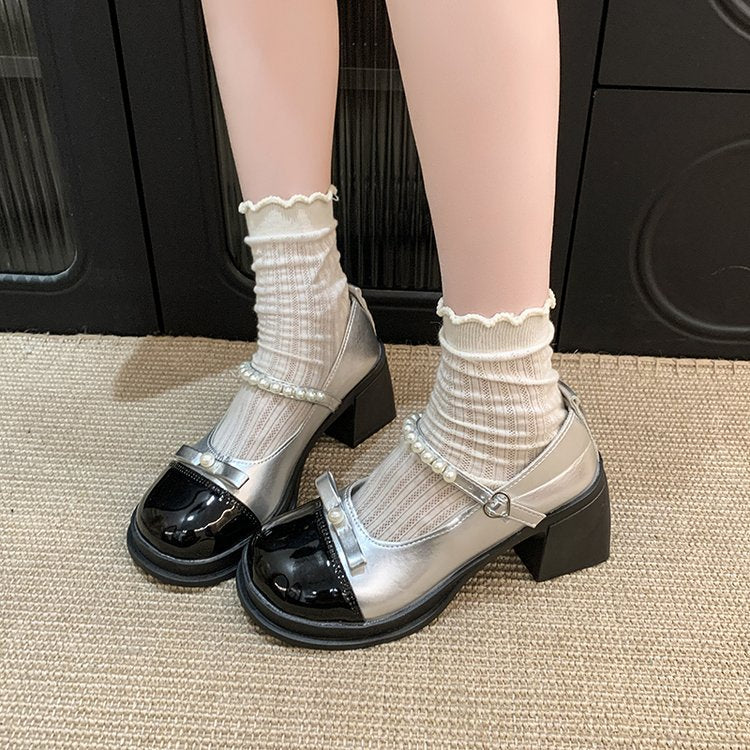 Damen elegante Mary Jane Pumps mit Perlenschmuck R&B