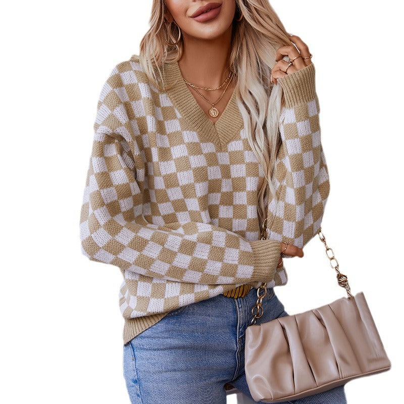 Damen lässiger V-Ausschnitt Pullover mit Karo-Muster und lockerer Passform R&B