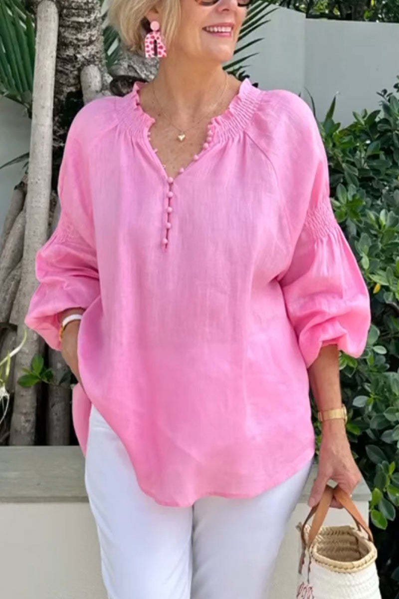 Damen Leichte Bluse mit elastischen Puffärmeln und Knopfleiste R&B