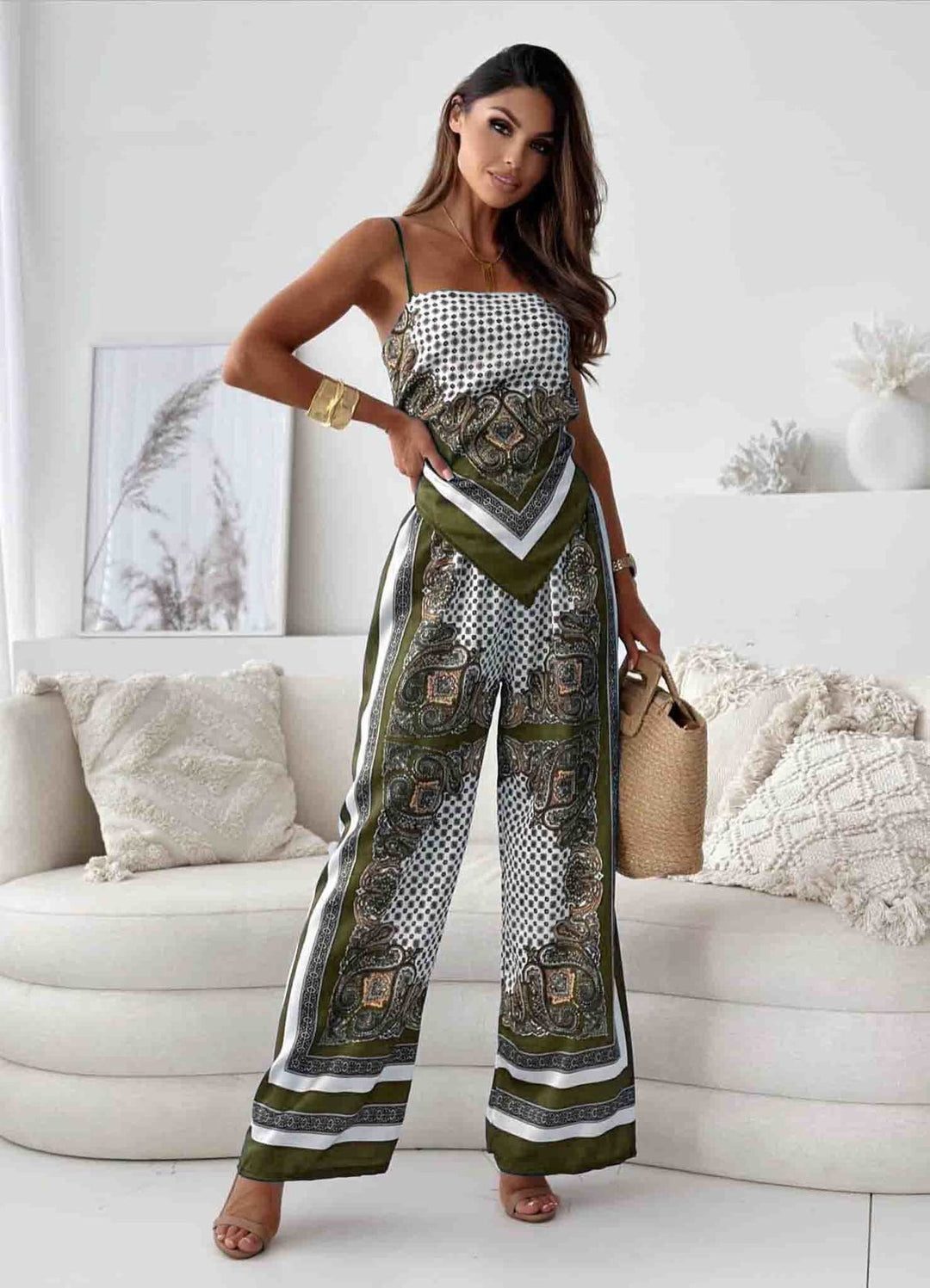 Damen Jumpsuit im eleganten Boho-Stil mit dekorativen Mustern und weitem Bein R&B