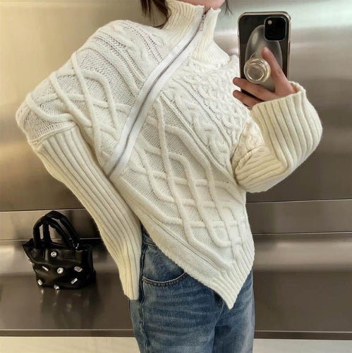 Damen hochwertiger Strickpullover mit hohem Kragen und asymmetrischem Design R&B