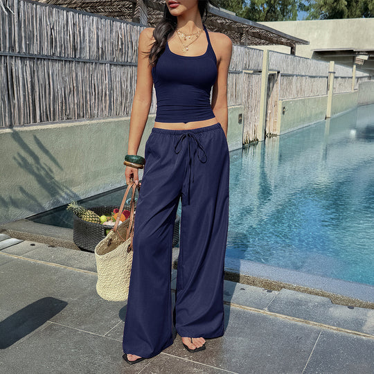 Damen luftiges Zweiteiliges Set mit tailliertem Bustier und weiten Hosen R&B