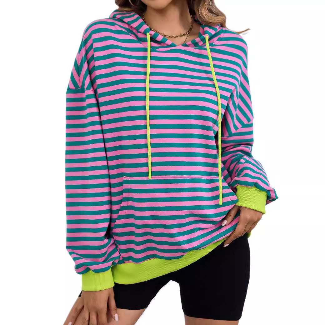Damen lässiger Kapuzenpullover mit buntem Streifenmuster R&B