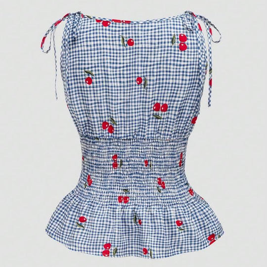 Damen Bluse mit floralem Karo-Muster und Rüschensaum R&B