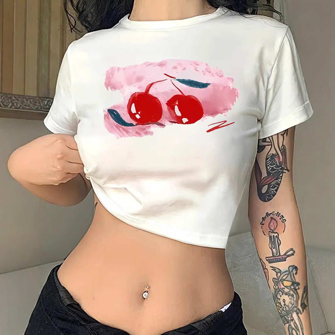 Damen Crop-T-Shirt mit fröhlichem Kirschmotiv und kurzem Schnitt R&B