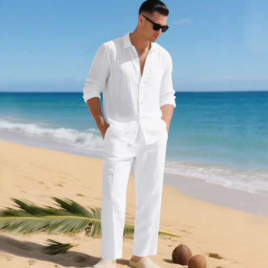 Herren leichtes Leinen-Outfit mit stilvollem Hemd und eleganter Hose R&B
