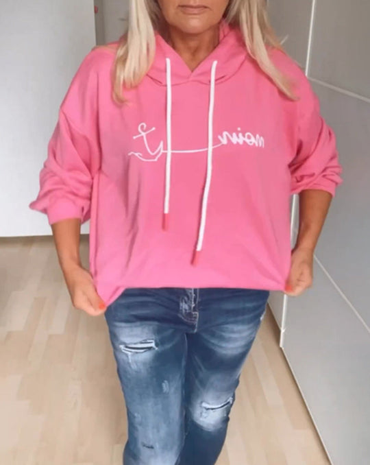 Damen nan lässiger Kapuzenpullover mit minimalistischer Liniengrafik, Kordelzug und geripptem Saum R&B