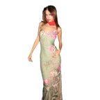 Damen elegantes Maxikleid mit floralen Akzenten und feinen Spaghettiträgern R&B