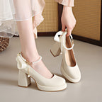 Damen elegante Blockabsatzpumps mit Perlenschmuck und transparentem Riemchen R&B