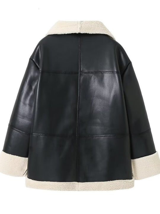 Damen Kunstlederjacke mit Teddyfutter R&B