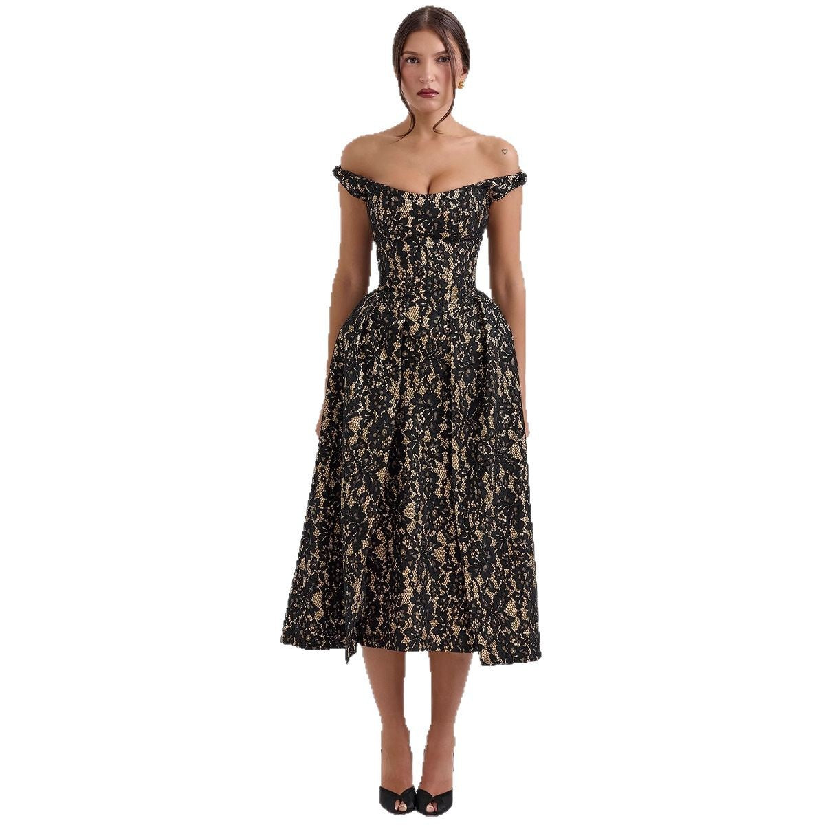 Damen Spitzenkleid mit schulterfreiem Design und elegantem Rock R&B