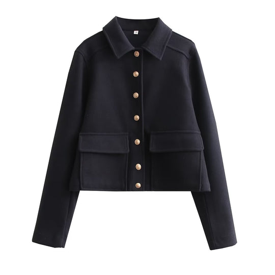 Damen modische Kurzjacke aus strukturiertem Wollmaterial mit praktischen Pattentaschen R&B