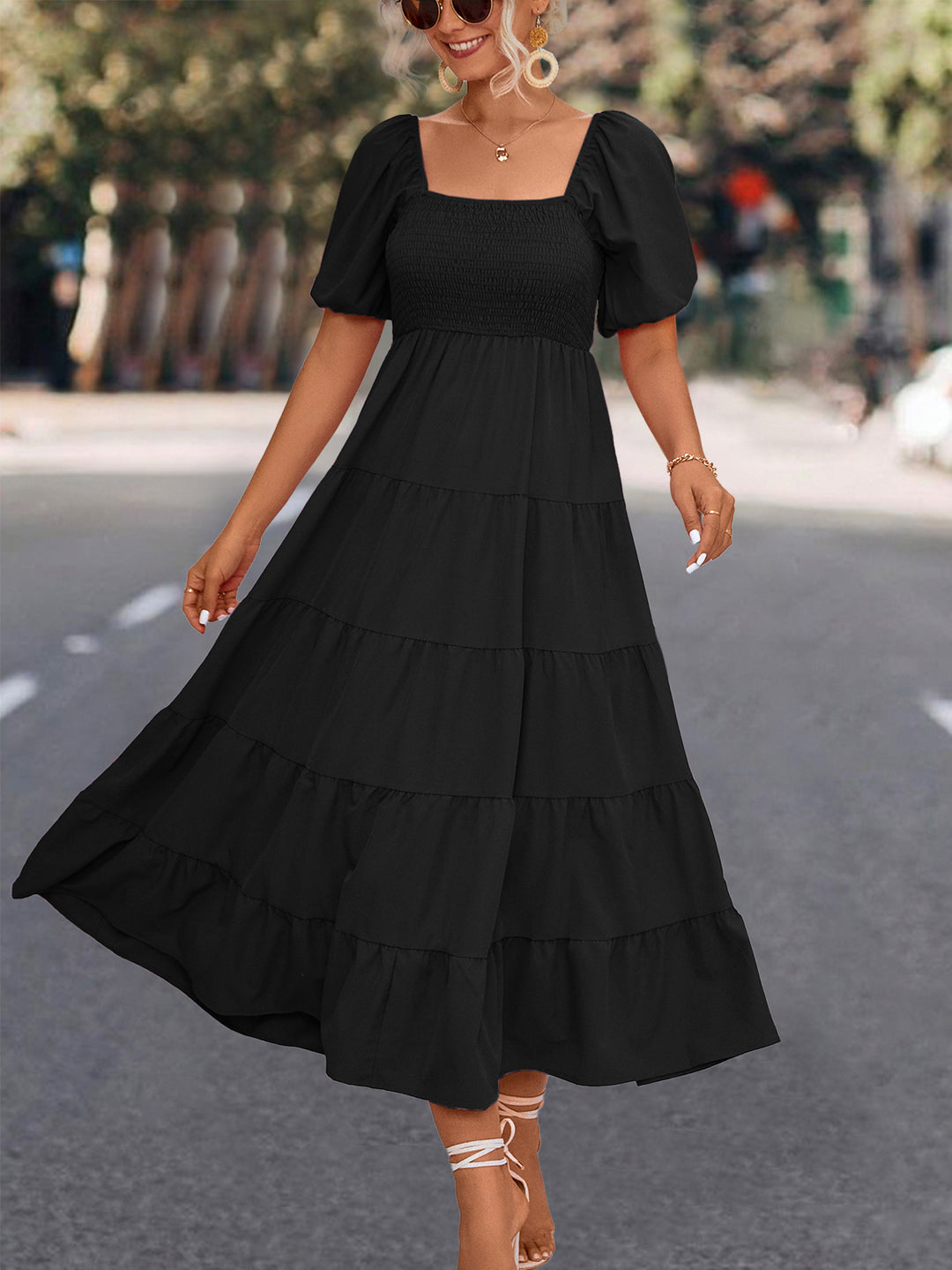 Damen Midi-Kleid mit elastischer Taillierung und voluminösen Puffärmeln R&B