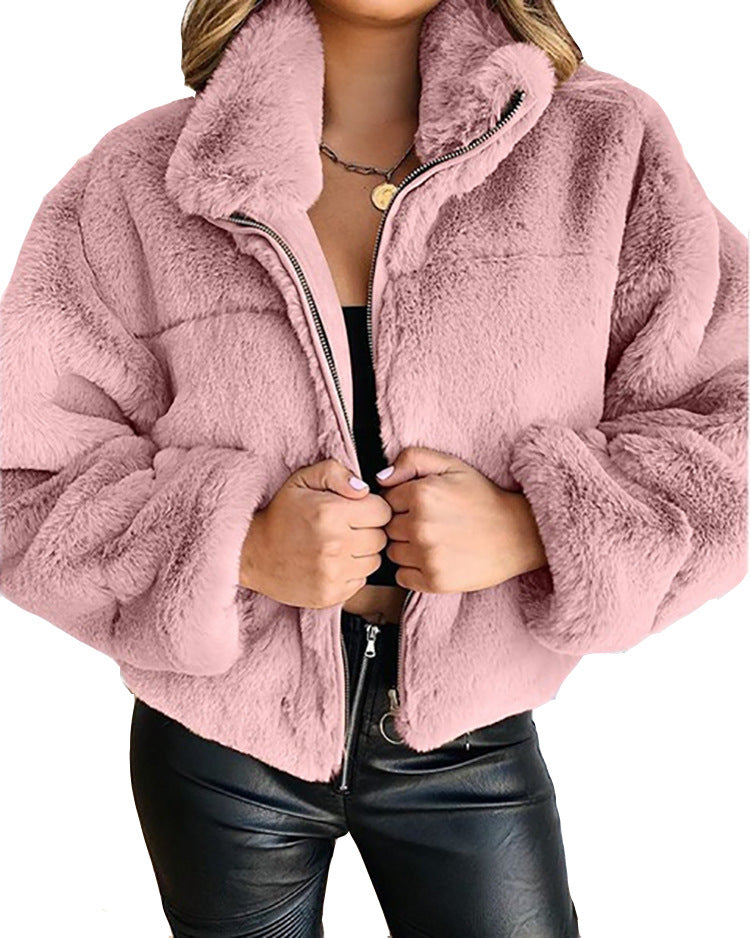 Damen Flauschige Trendjacke mit hohem Kragen R&B