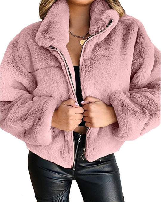 Damen Flauschige Trendjacke mit hohem Kragen R&B