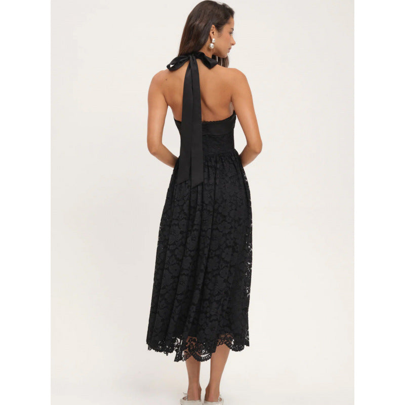 Damen luftiges Sommerkleid mit romantischem Spitzenoberteil und elastischem Taillenbund R&B