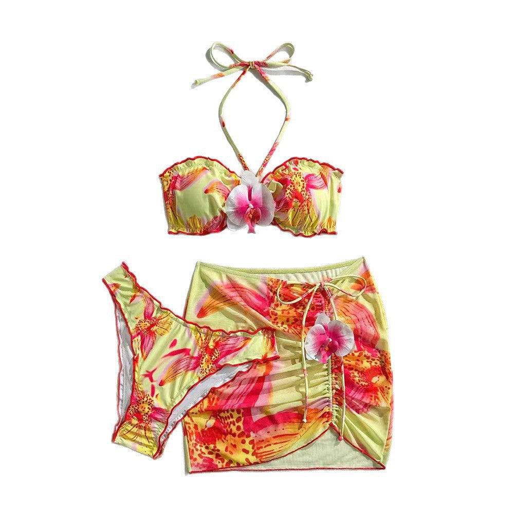 Damen Bandeau-Bikini mit floralem Design und Wickelrock R&B
